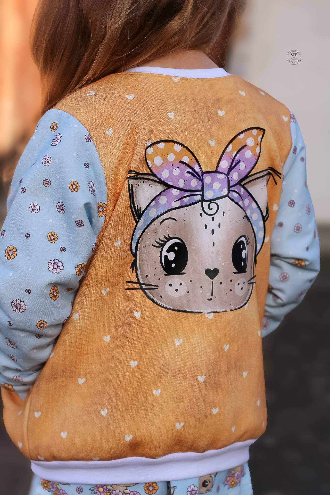 Kitty Flower Blau – Katzen & Blumen Kinderstoff | verschiedene Stoffarten