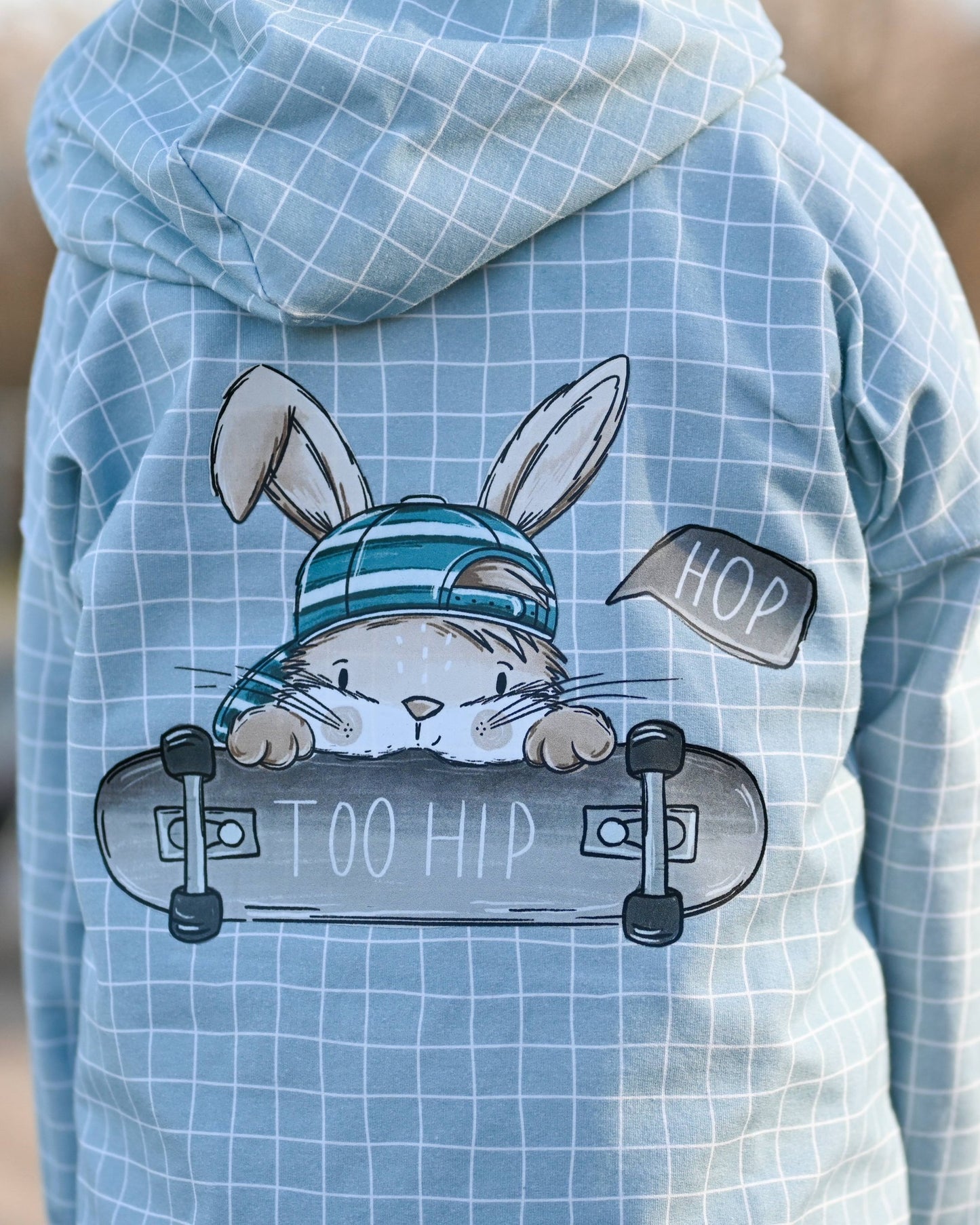 Skate Bunny Vibes Grid – Kinderstoff mit Hasen | verschiedene Stoffarten
