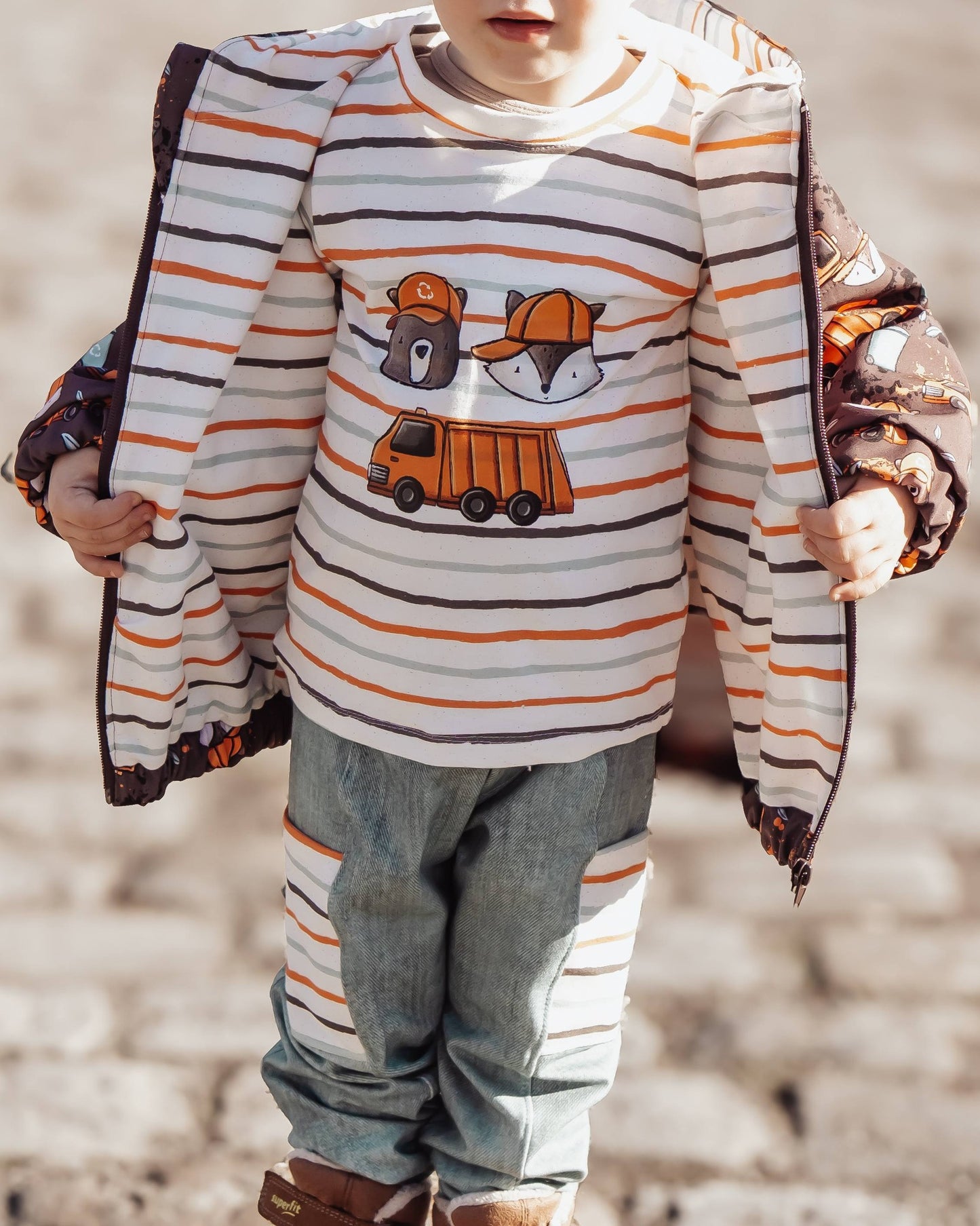 Stoffpaket Müllauto – Kinderstoff mit Müllauto und Waldtieren | verschiedene Stoffarten
