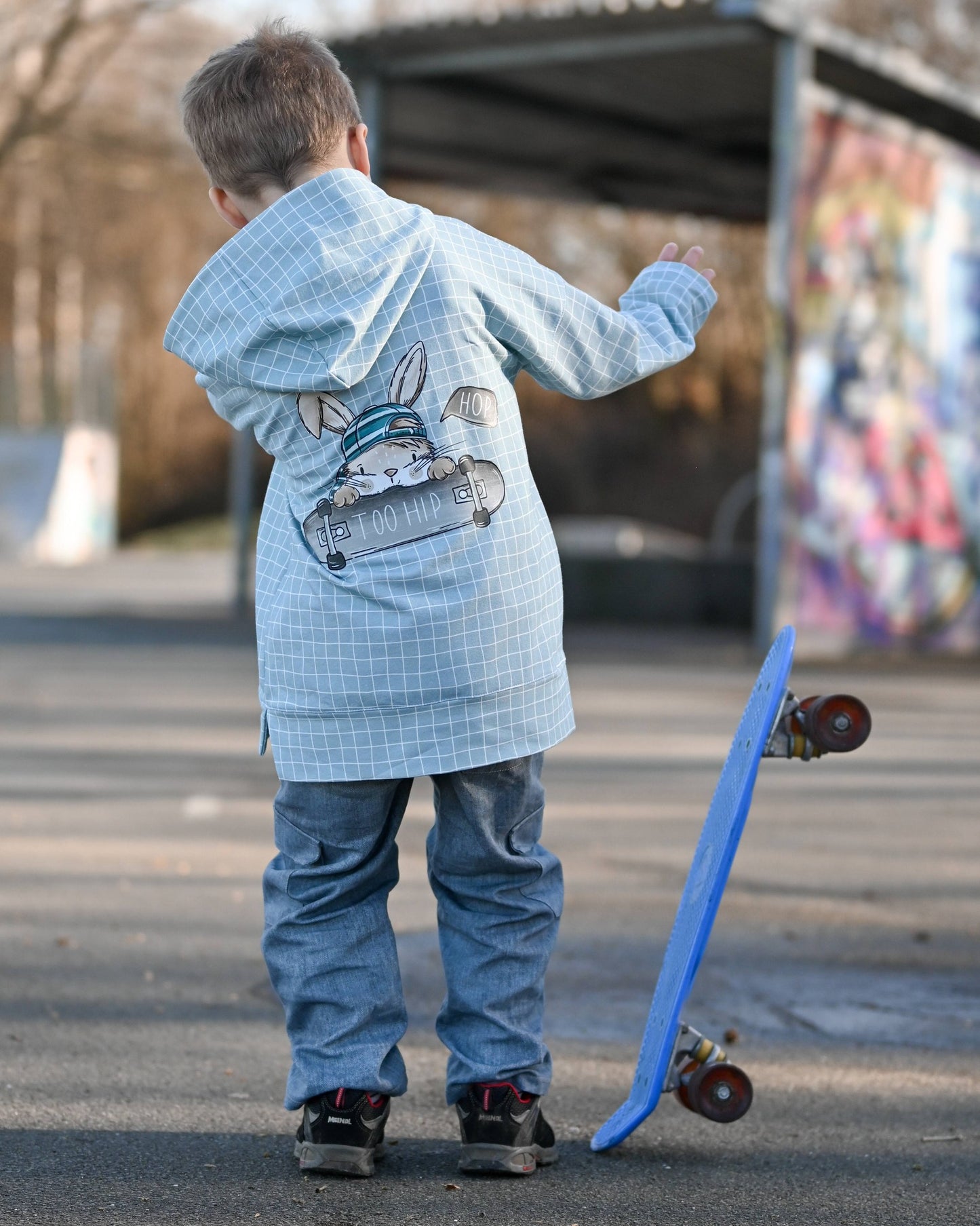 Skate Bunny Vibes Grid – Kinderstoff mit Hasen | verschiedene Stoffarten