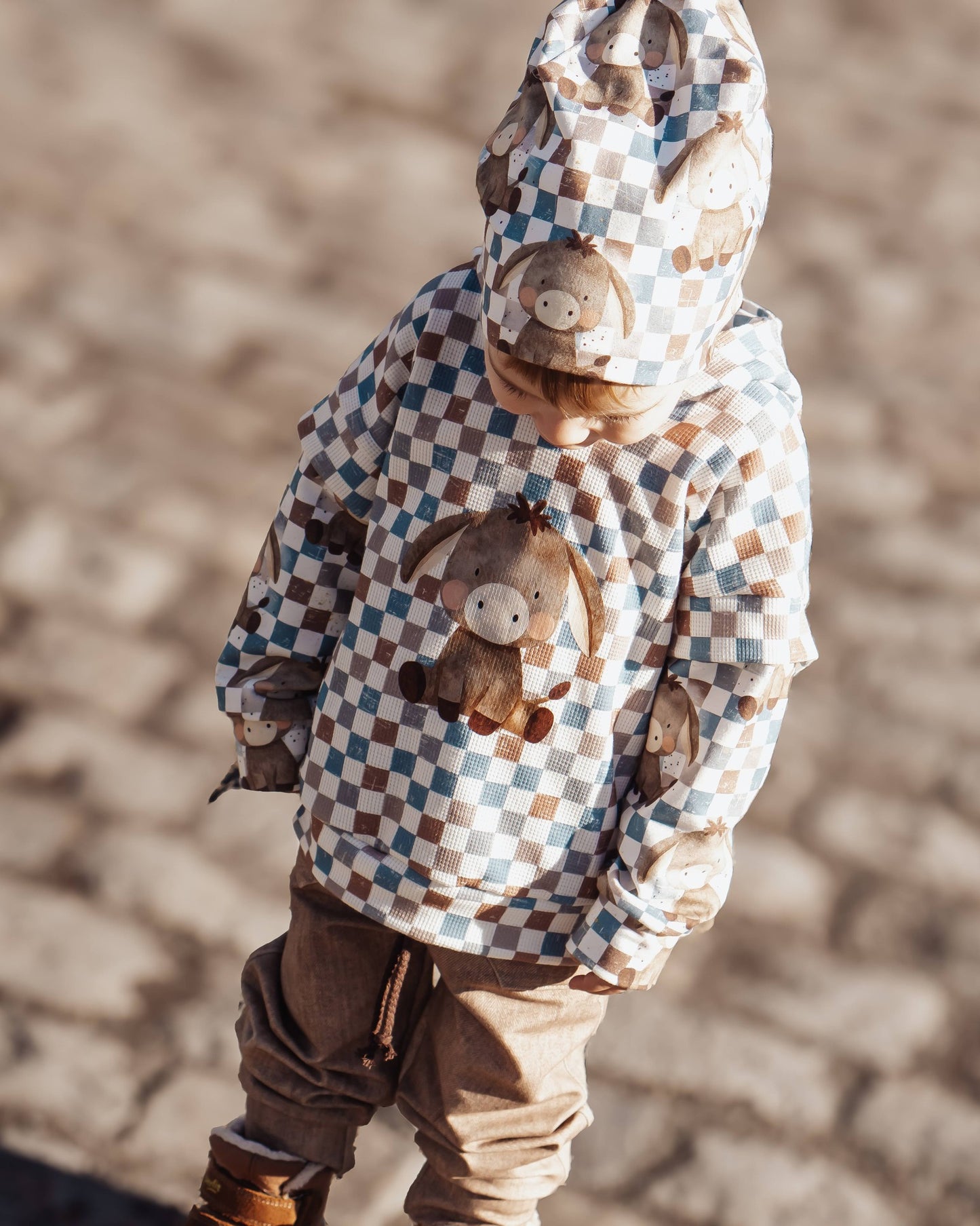 Stoffpaket Eselchen Schachbrett – Kinderstoff mit Esel | verschiedene Stoffarten