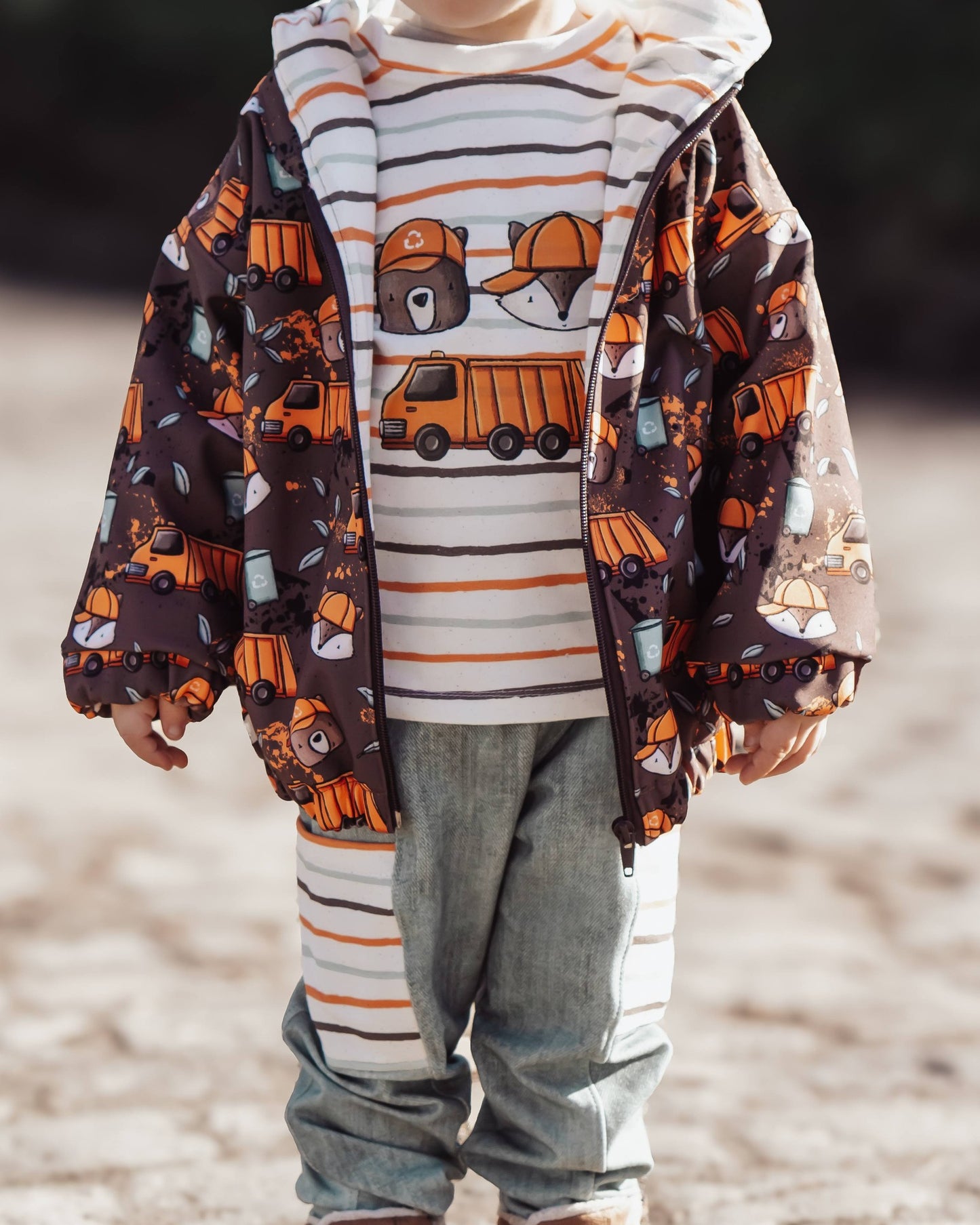 Stoffpaket Müllauto – Kinderstoff mit Müllauto und Waldtieren | verschiedene Stoffarten
