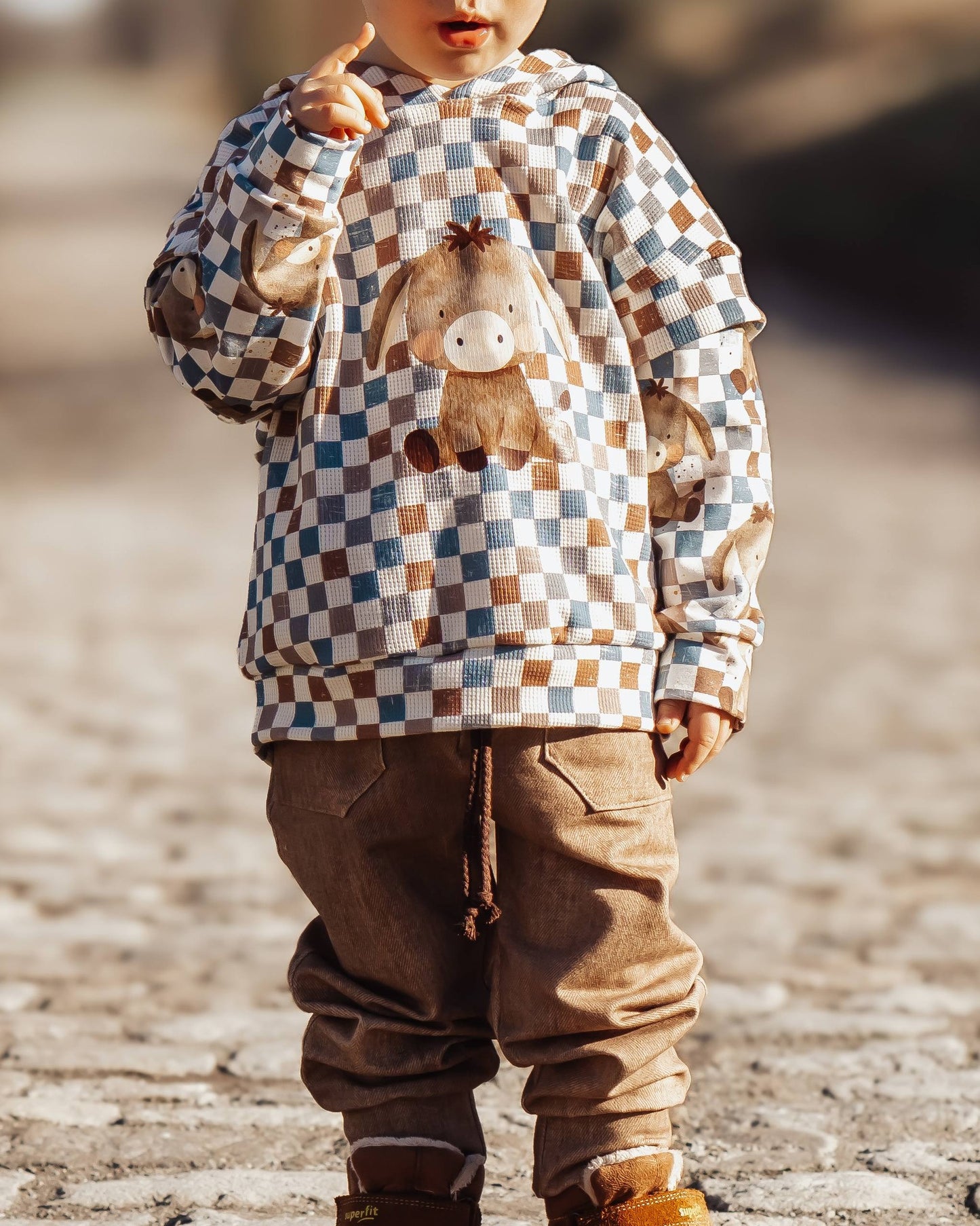 Stoffpaket Eselchen Schachbrett – Kinderstoff mit Esel | verschiedene Stoffarten