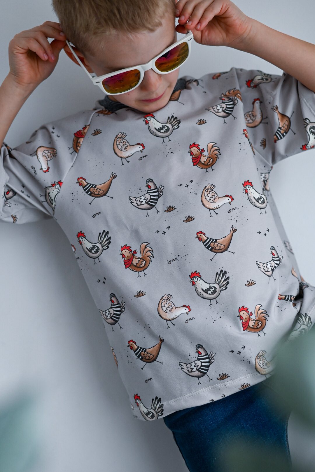 Hühner Tag Taupe – Bauernhof Kinderstoff | verschiedene Stoffarten