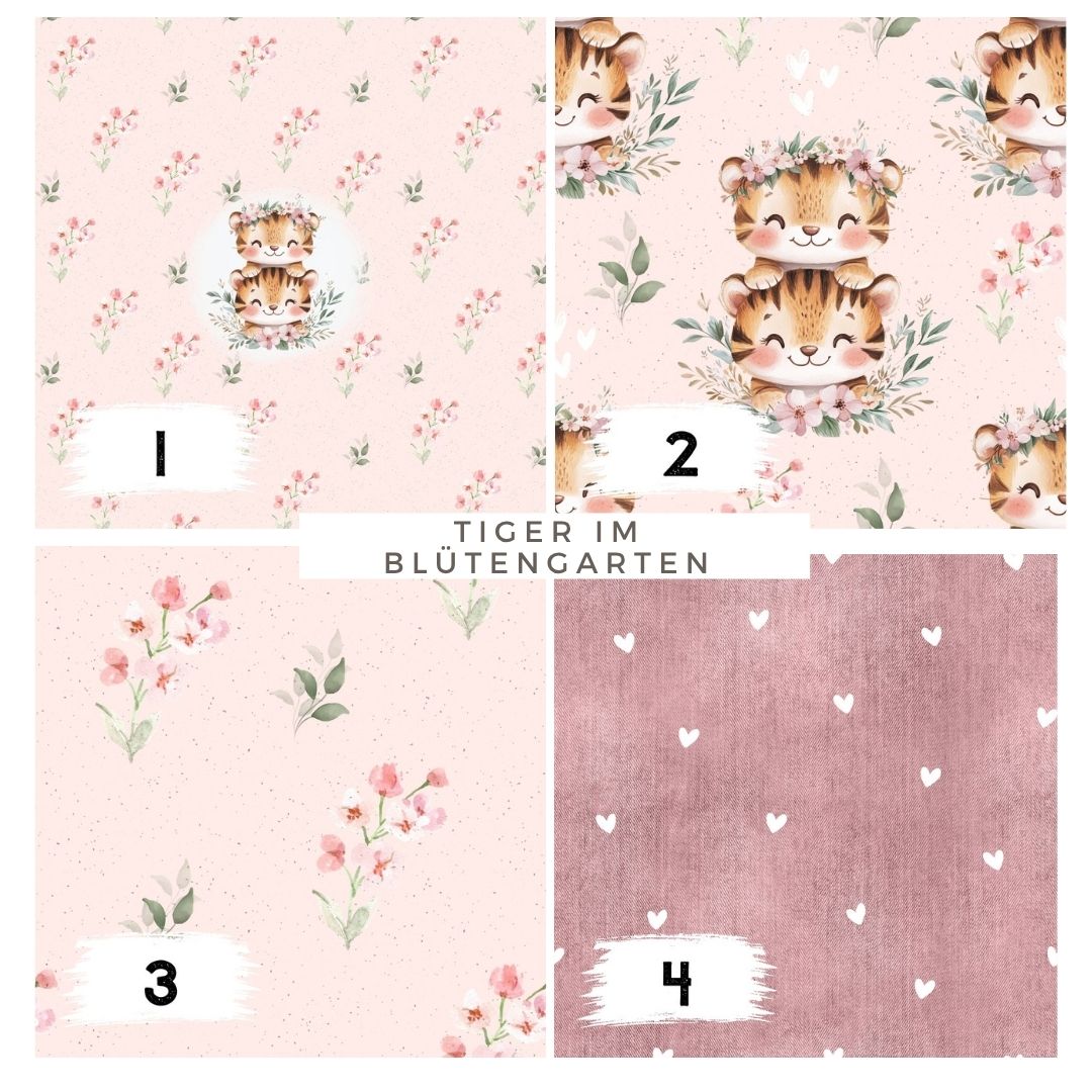 Tiger im Blütengarten Rosa | verschiedene Stoffarten