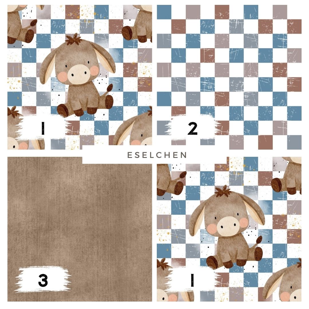 Eselchen Schachbrett – Kinderstoff mit Esel | verschiedene Stoffarten