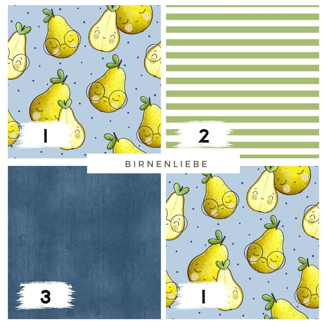 Birnenliebe Blau – fruchtiger Kinderstoff | verschiedene Stoffarten