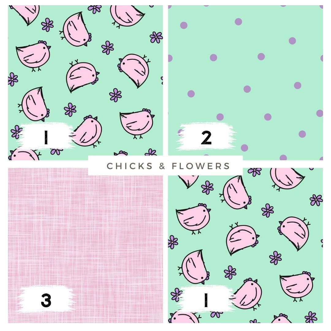 Chicks & Flowers Mint – Kinderstoff auf verschiedenen Stoffarten