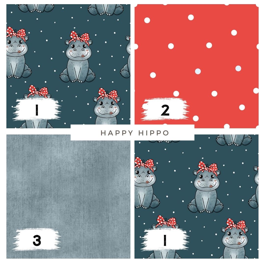 Stoffpaket Happy Hippo Grau – süßer Nilpferd Kinderstoff | verschiedene Stoffarten