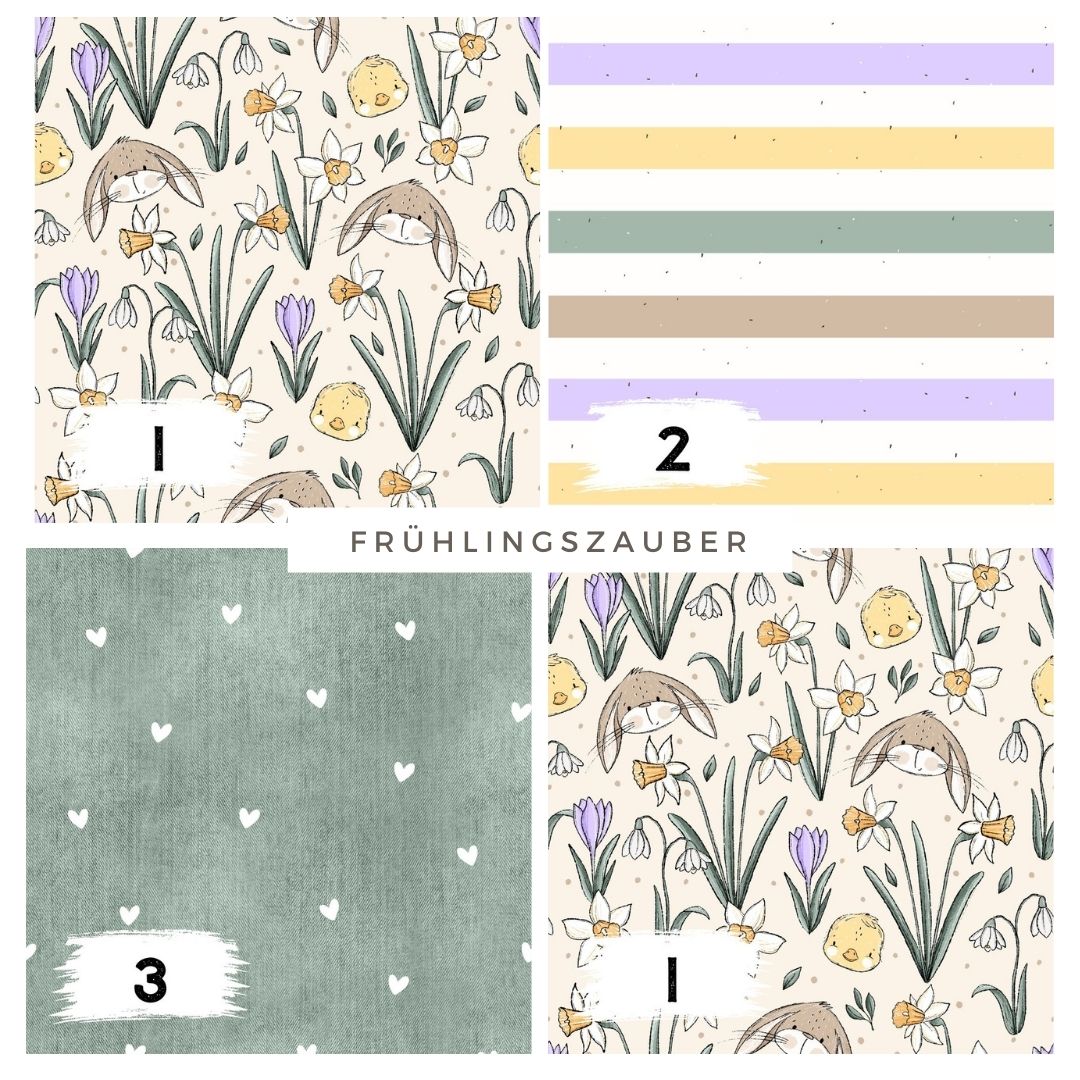 Frühlingszauber Beige – Kinderstoff mit Hasen & Blumen | verschiedene Stoffarten