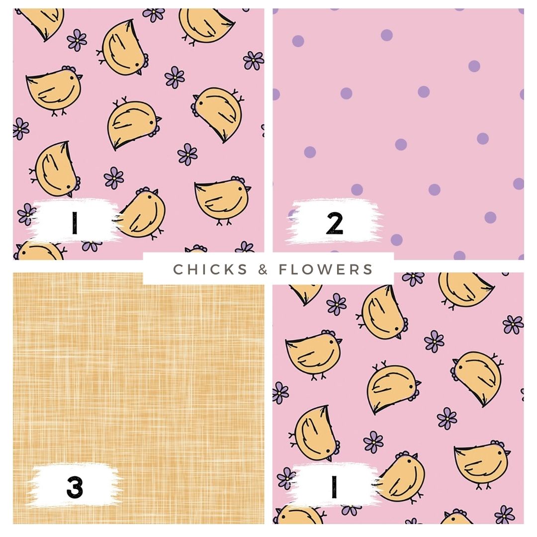 Chicks & Flowers Rosa – Kinderstoff auf verschiedenen Stoffarten