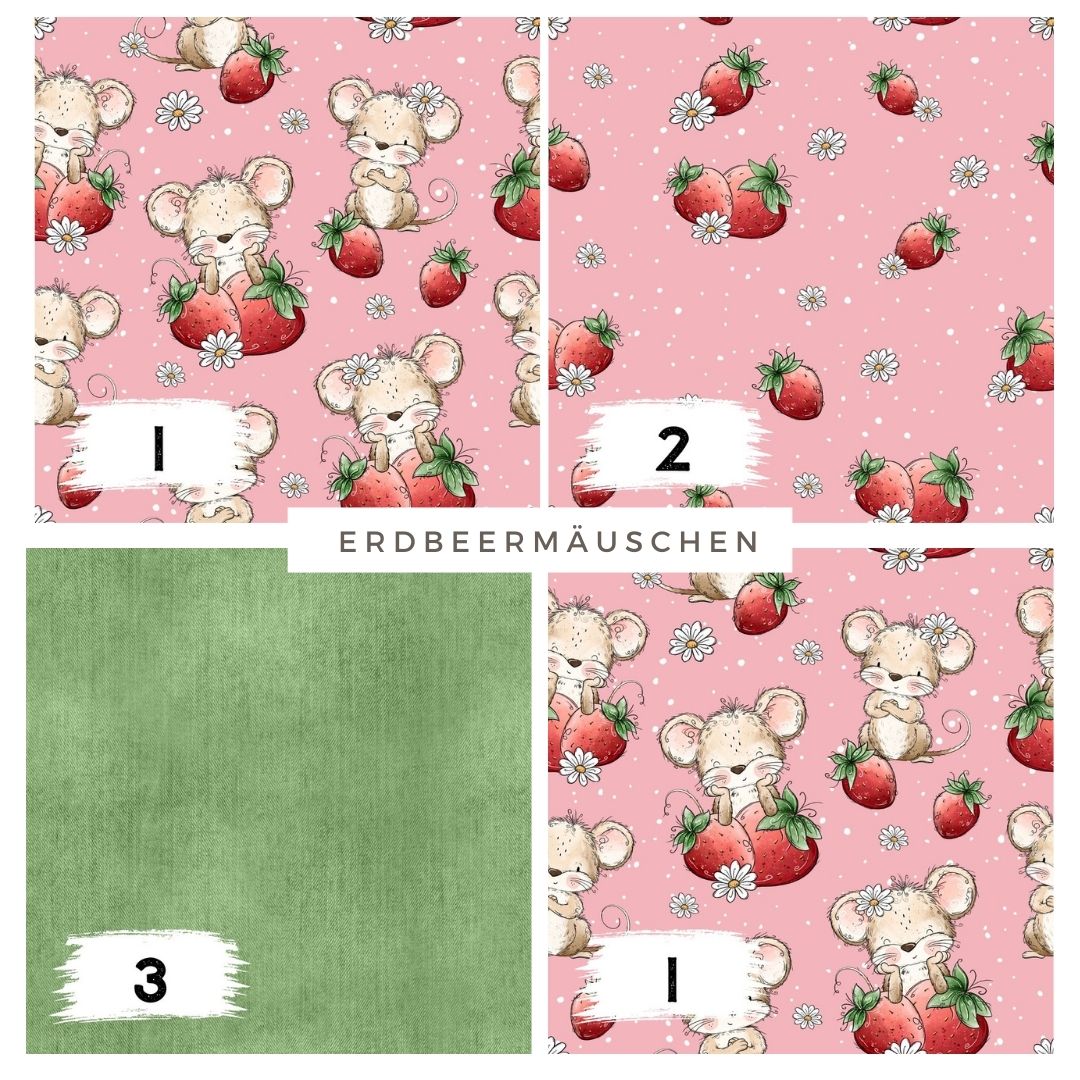Erdbeermäuschen Rosa – Kinderstoff mit Mäusen | auf verschiedenen Stoffarten