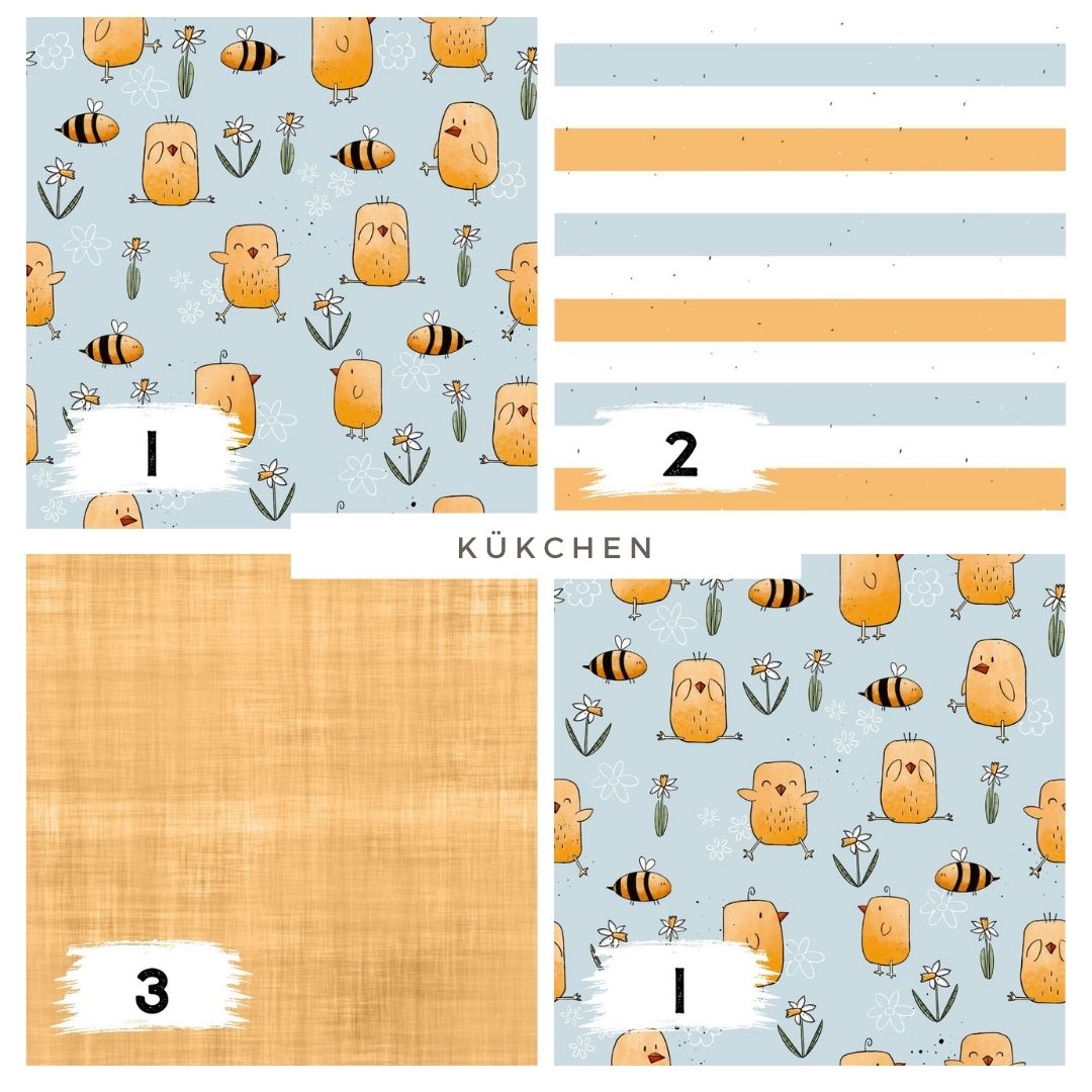 Kükchen Blau – Küken Stoff mit Bienchen | verschiedene Stoffarten
