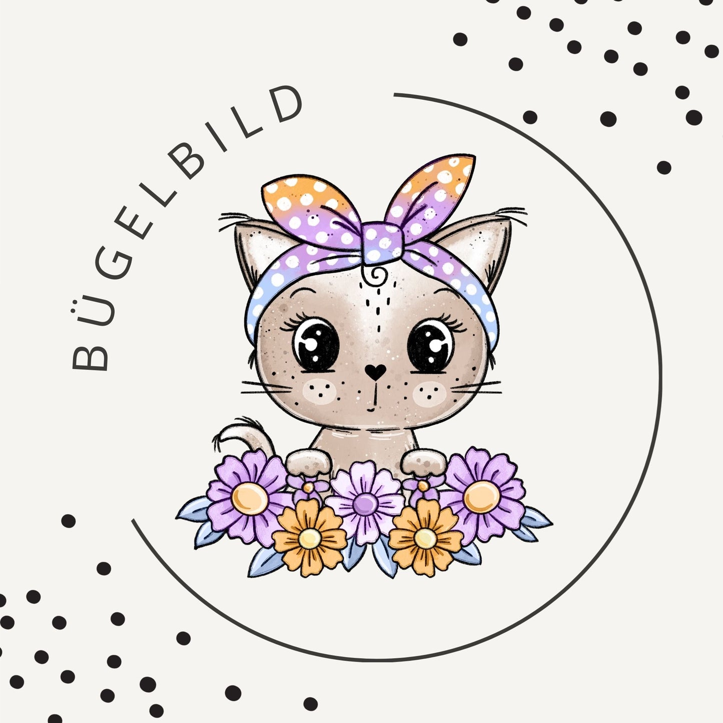 Bügelbild Kitty Flower Blau 2 – süßes Katzenmotiv in Blau & Pastell