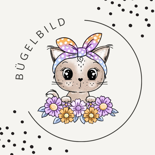 Bügelbild Kitty Flower Blau 2 – süßes Katzenmotiv in Blau & Pastell