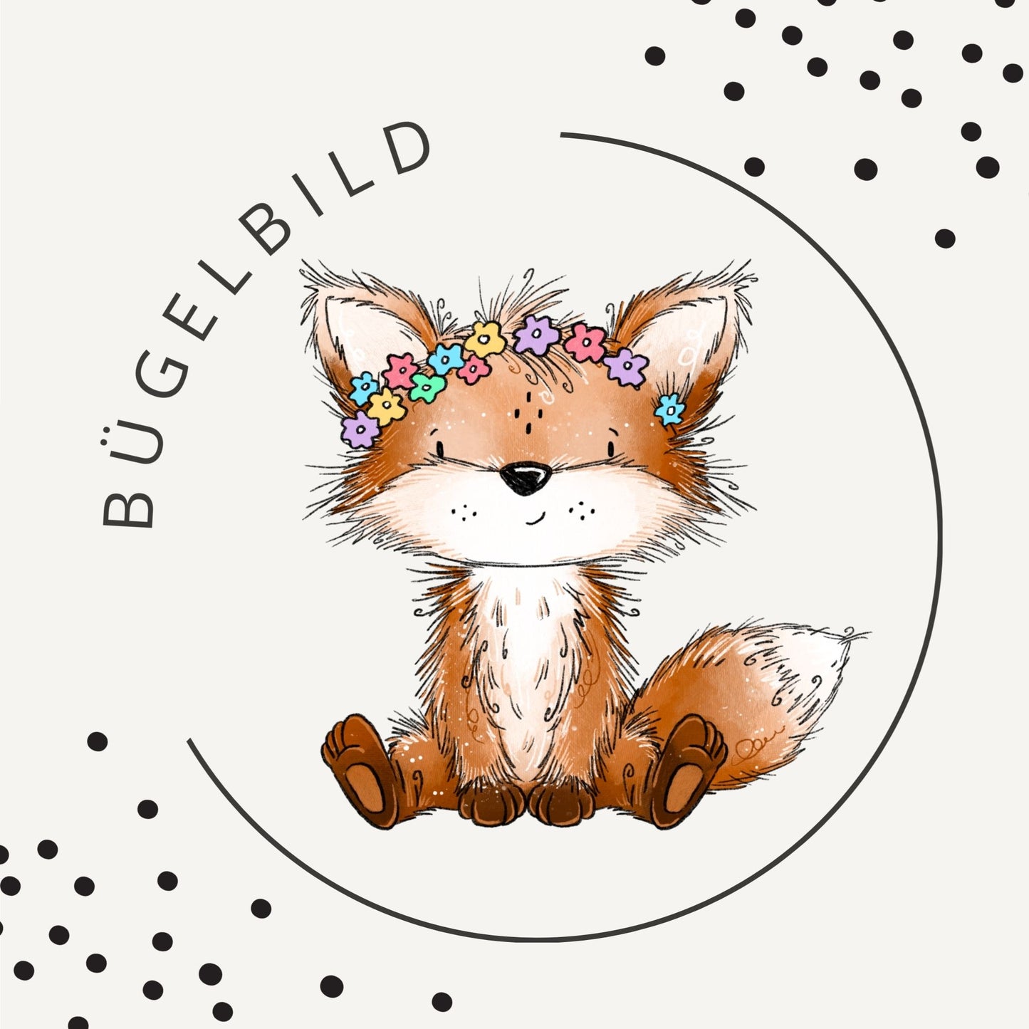 Bügelbild Fuchstag Rosa 1 Bügelbild – Fuchs mit Blumenkranz