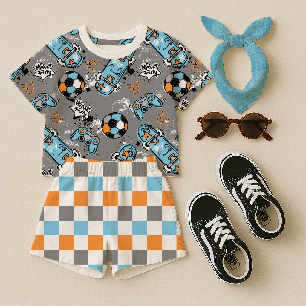 Fun Parts Dunkelgrau – cooler Kinderstoff mit Skateboard & Gaming | auf verschiedenen Stoffarten