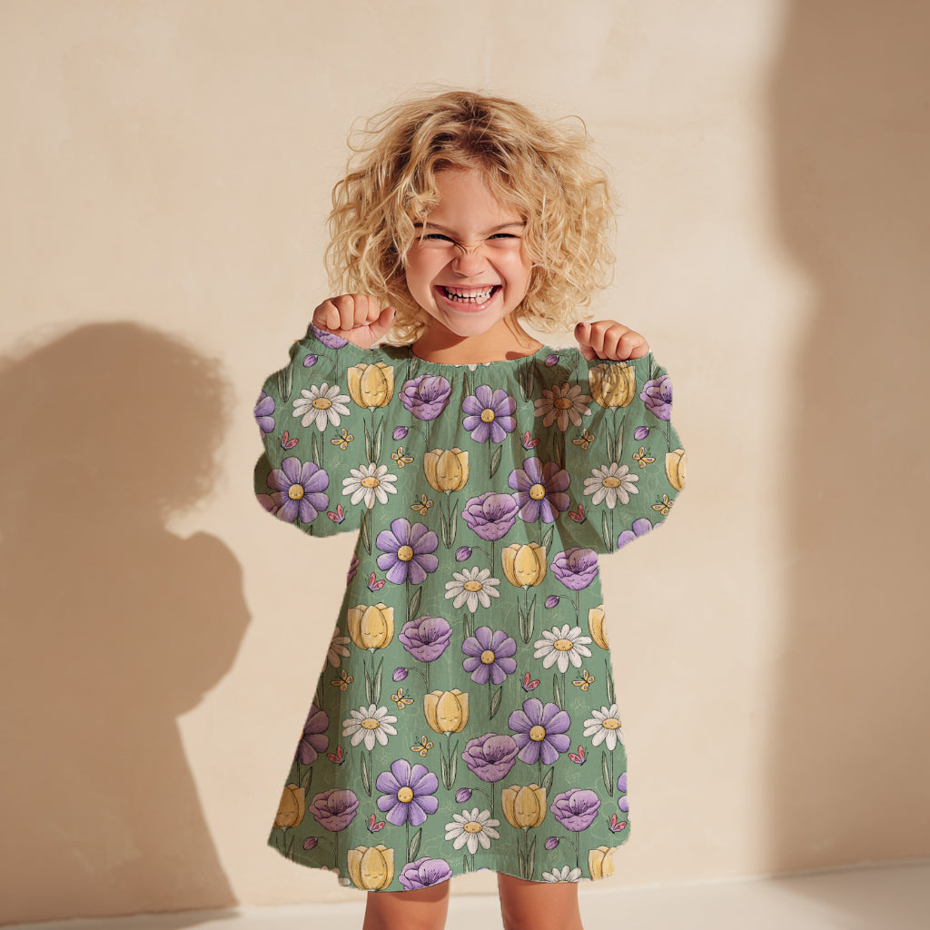 Bloom & Smile Grün – fröhlicher Blumen Stoff | auf verschiedenen Stoffarten