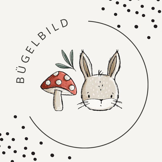 Bügelbild Wiesentag Taupe – Hasenmotiv mit Pilz in Naturtönen