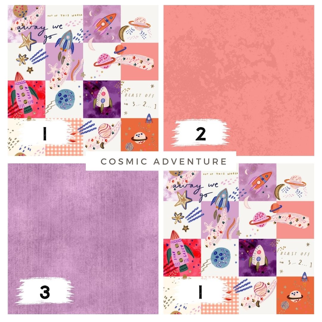 Cosmic Adventure Lila – Kinderstoff Weltall | verschiedene Stoffarten