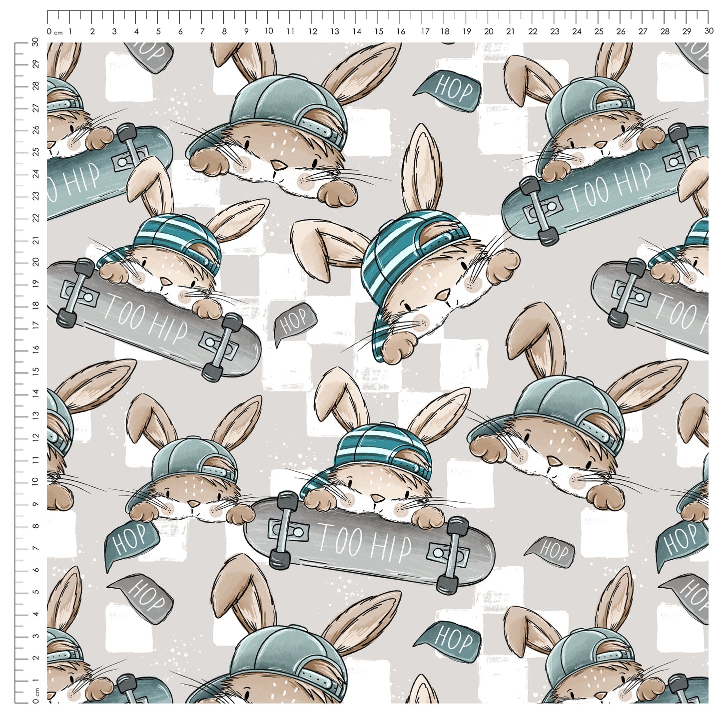 Skate Bunny Vibes Grau – Kinderstoff mit Hasen | verschiedene Stoffarten