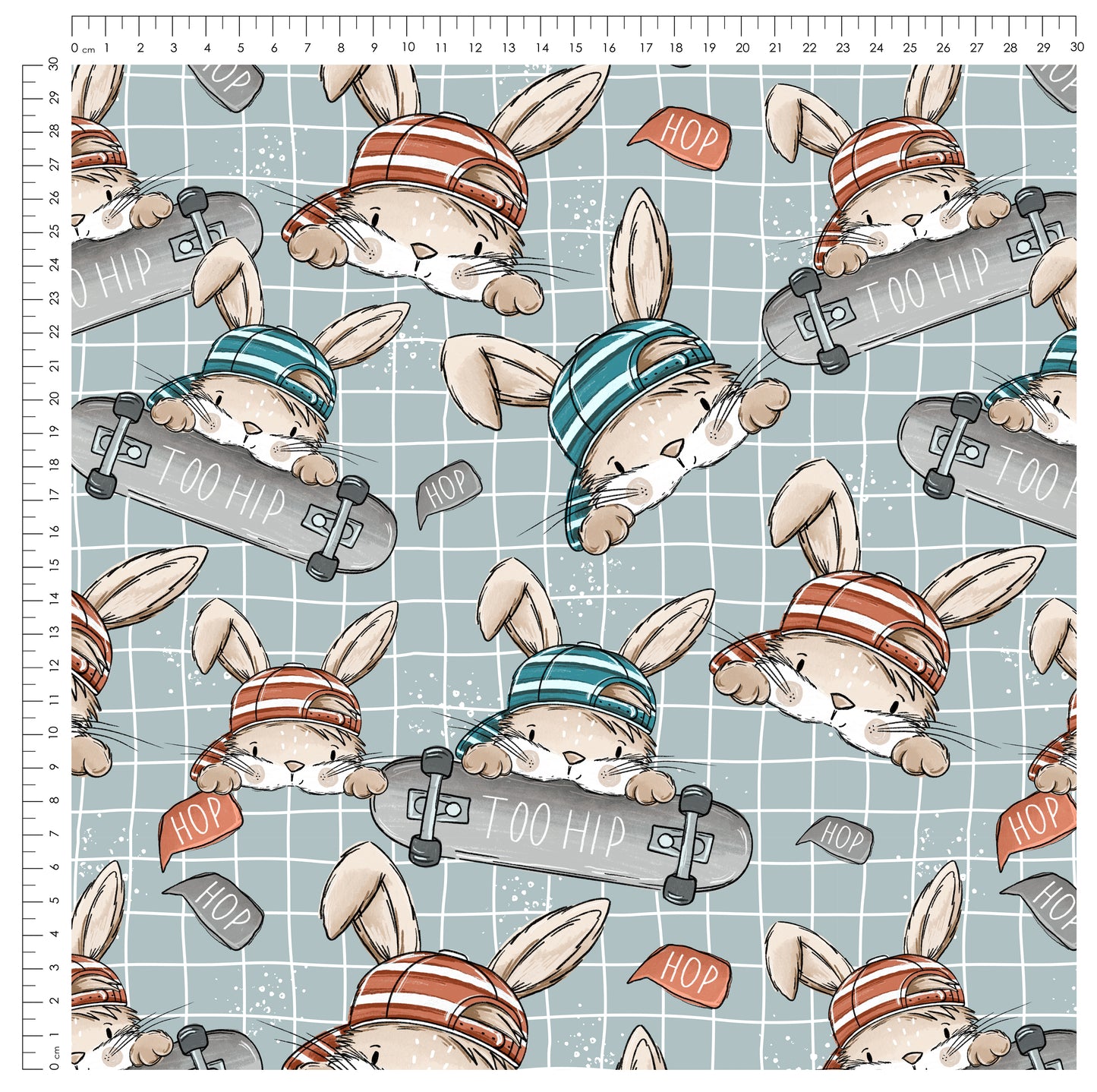 Skate Bunny Vibes Grid – Kinderstoff mit Hasen | verschiedene Stoffarten