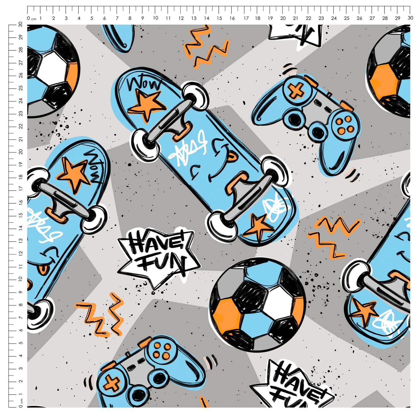 Fun Parts Hellgrau – cooler Kinderstoff mit Skateboard & Gaming | auf verschiedenen Stoffarten