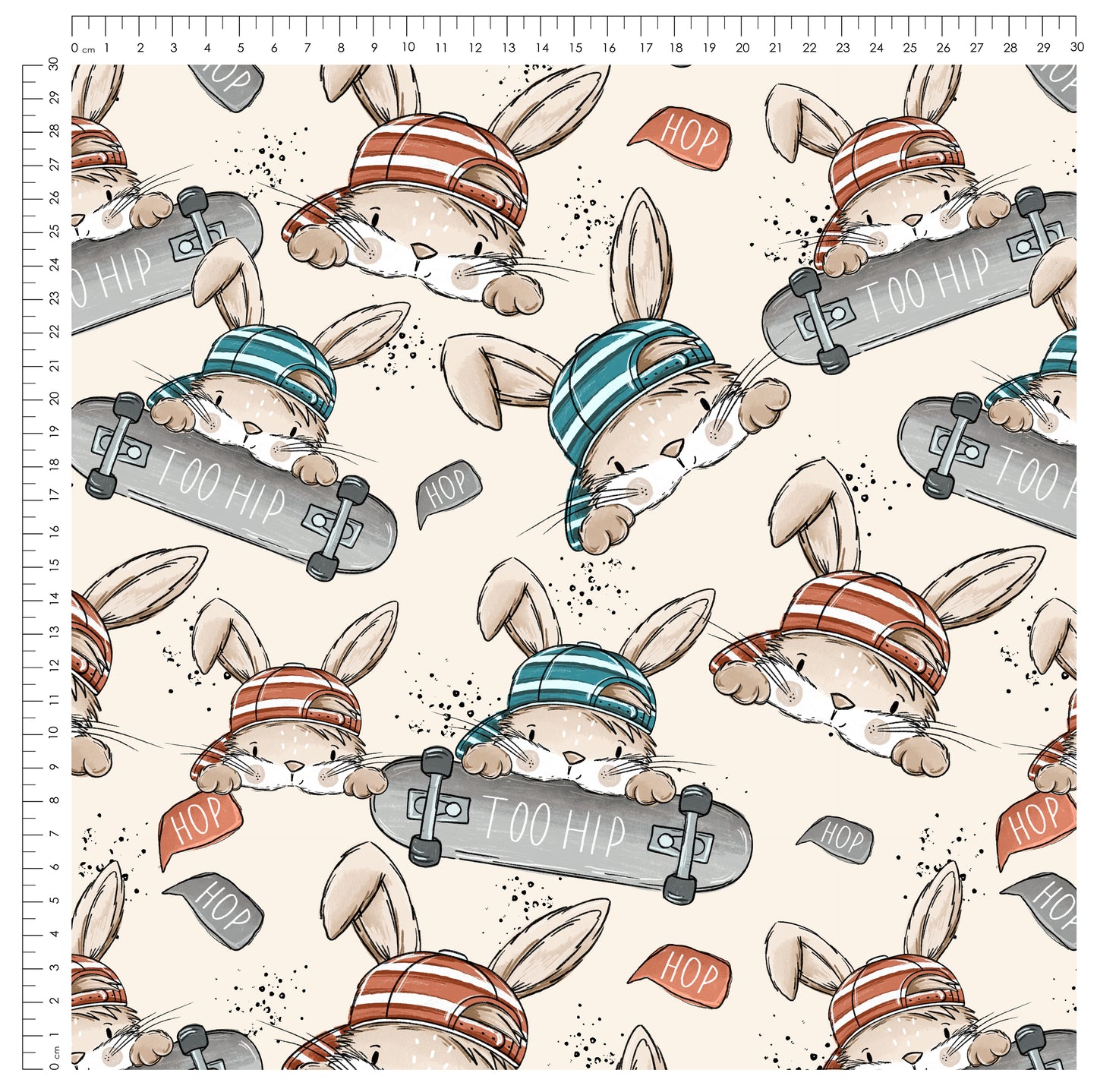 Skate Bunny Vibes Beige – Kinderstoff mit Hasen | verschiedene Stoffarten
