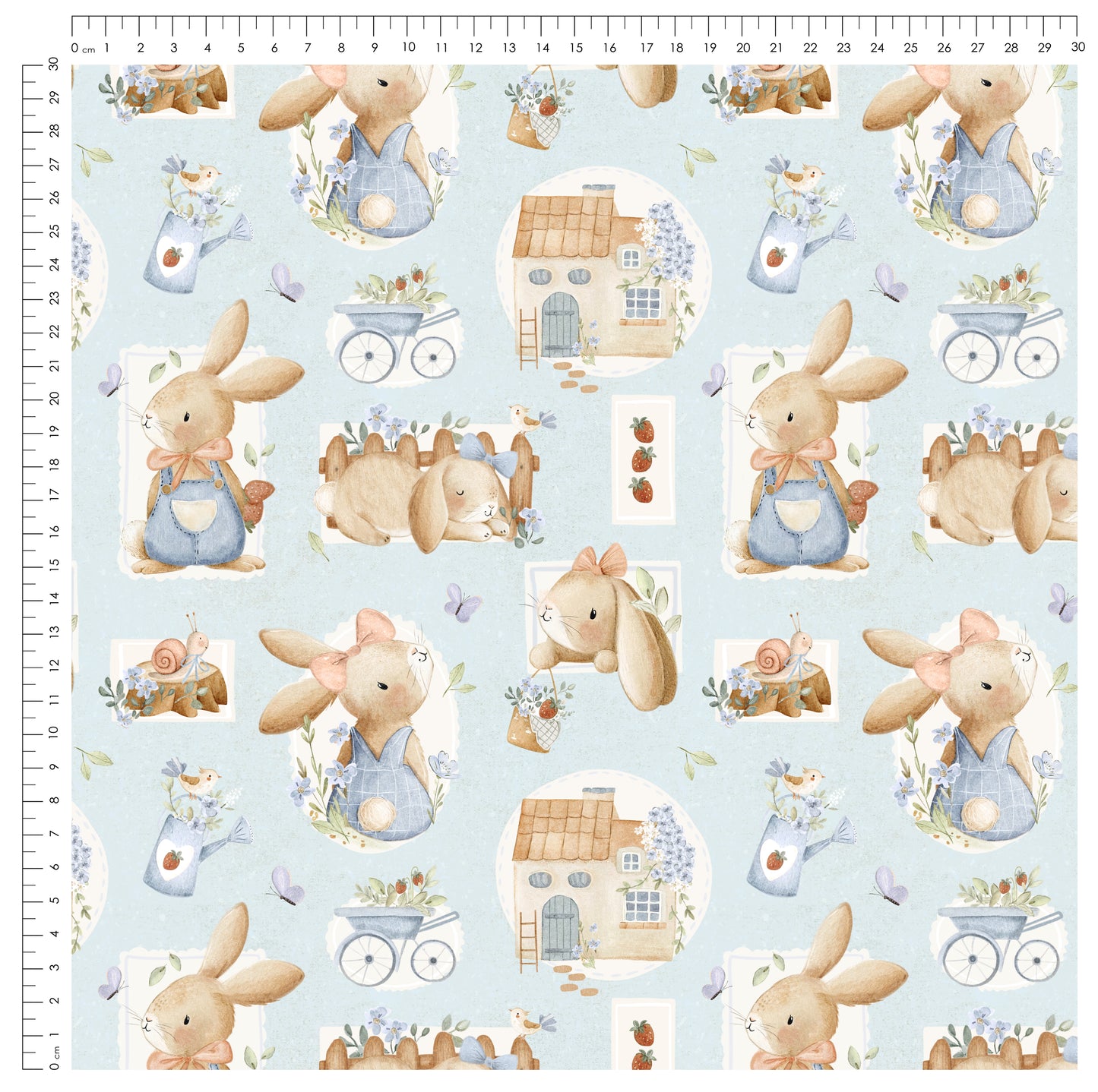 Bunny & Bloom Cottage Hellblau – Kinderstoff mit Häschen | verschiedene Stoffarten