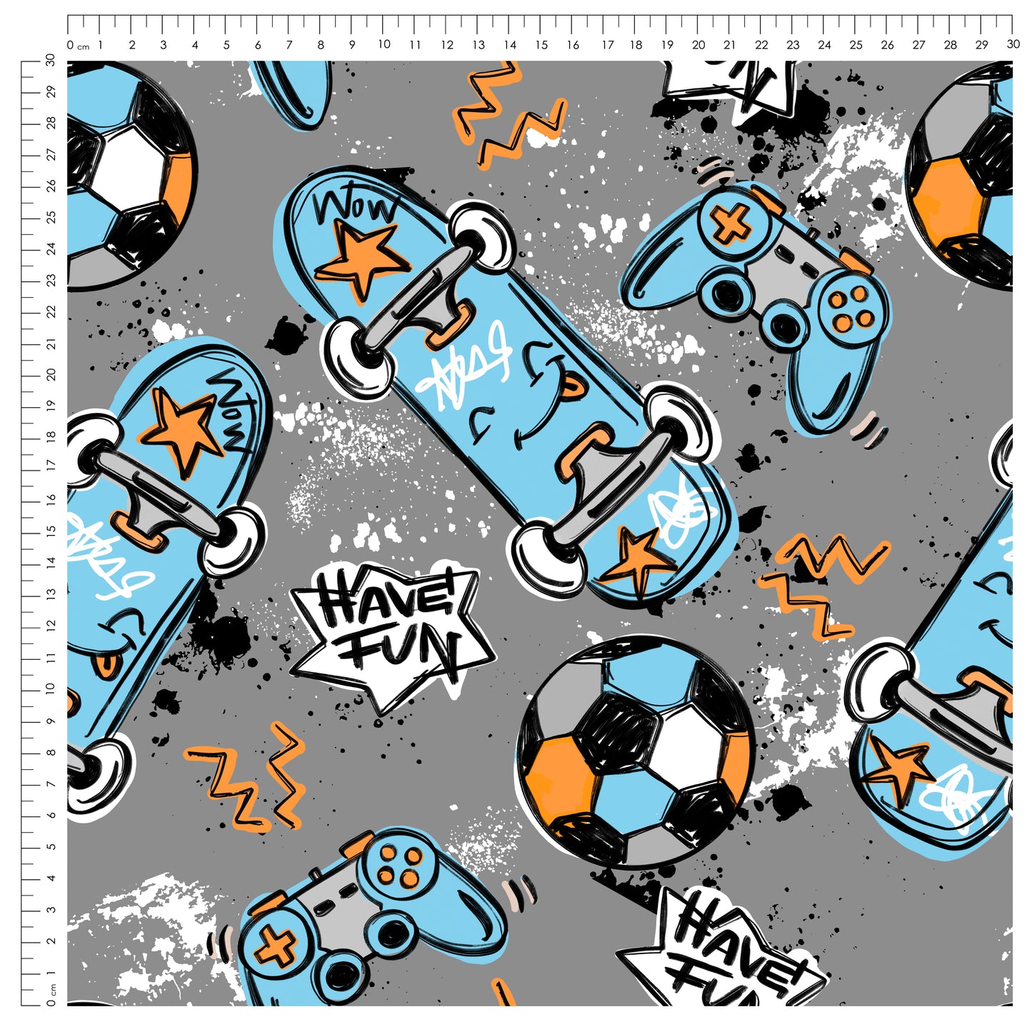 Fun Parts Dunkelgrau – cooler Kinderstoff mit Skateboard & Gaming | auf verschiedenen Stoffarten