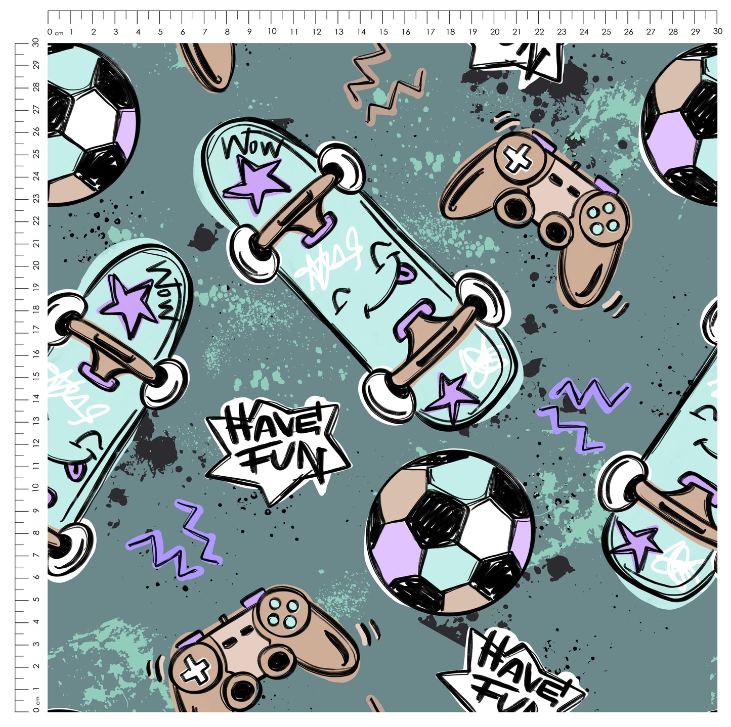 Fun Parts Petrol – cooler Kinderstoff mit Skateboard & Gaming | auf verschiedenen Stoffarten