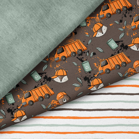 Müllauto – Kinderstoff mit Müllauto und Waldtieren | verschiedene Stoffarten