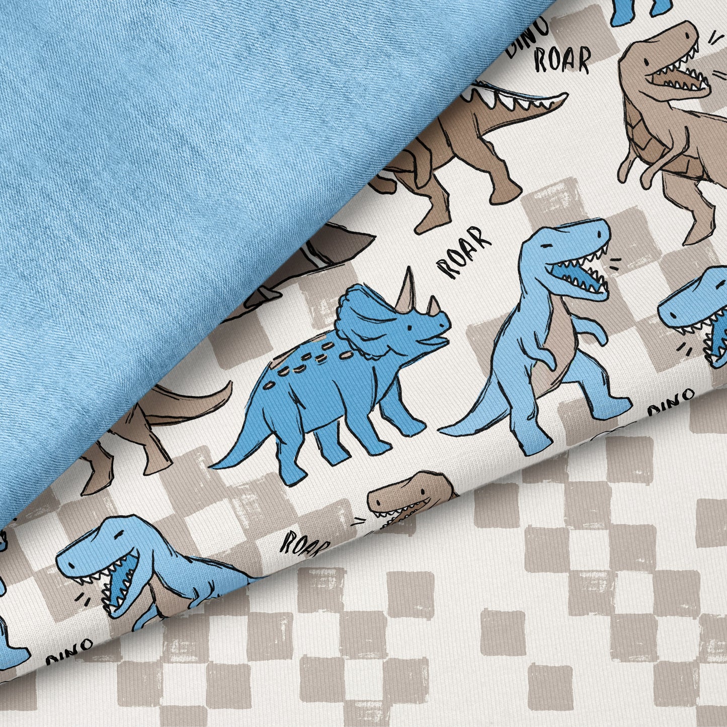 Dino Squad Blau – Dinosaurier Stoff für Kinder | auf verschiedenen Stoffarten
