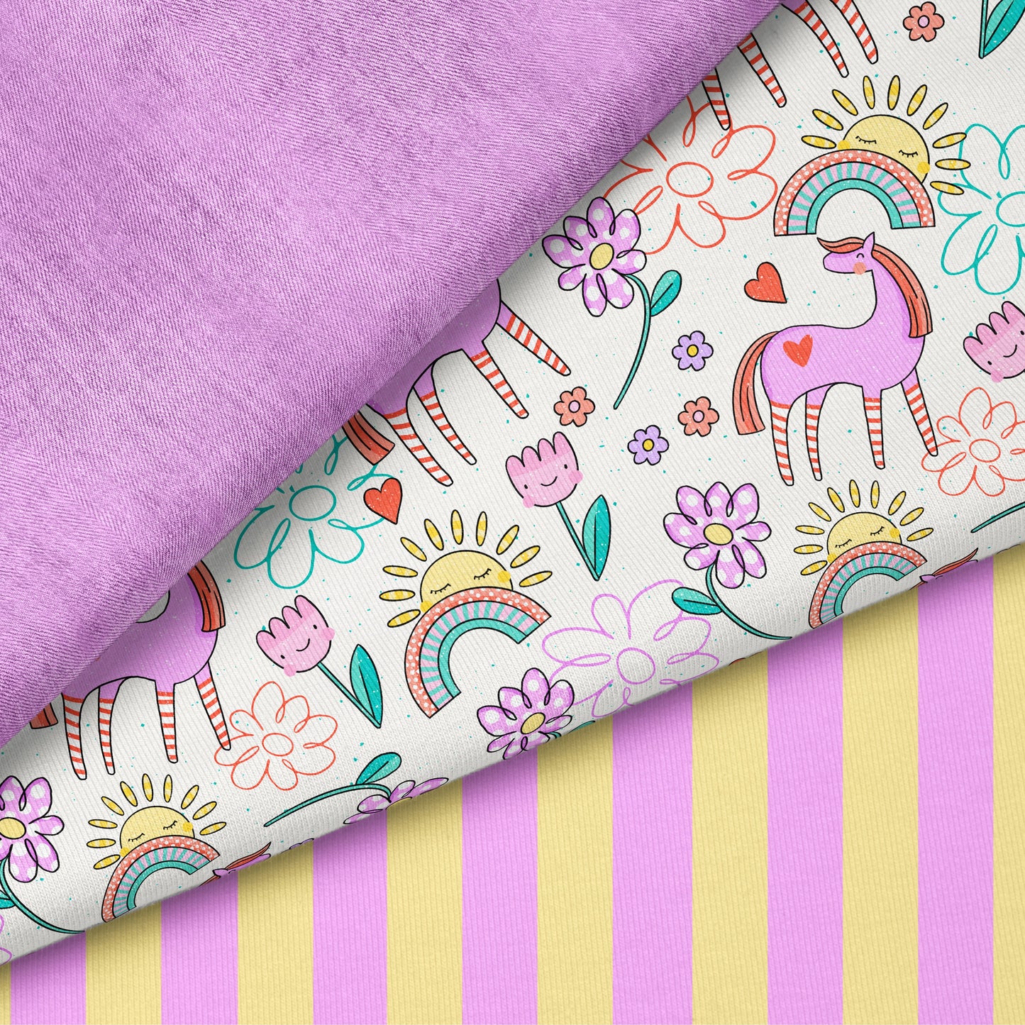 Bunter Tag Creme – Pony & Regenbogen Stoff | auf verschiedenen Stoffarten