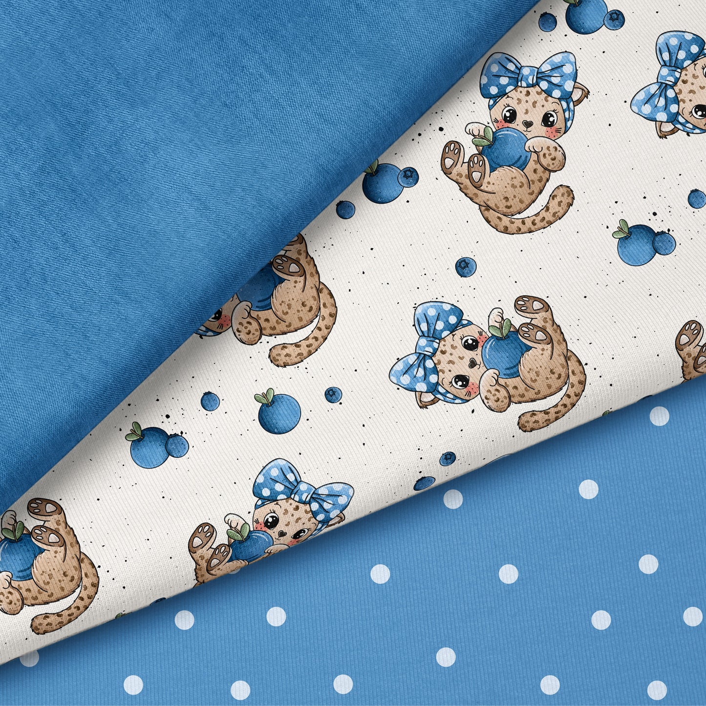 Leo Berry Love Blau – Kinderstoff mit Leoparden | verschiedene Stoffarten