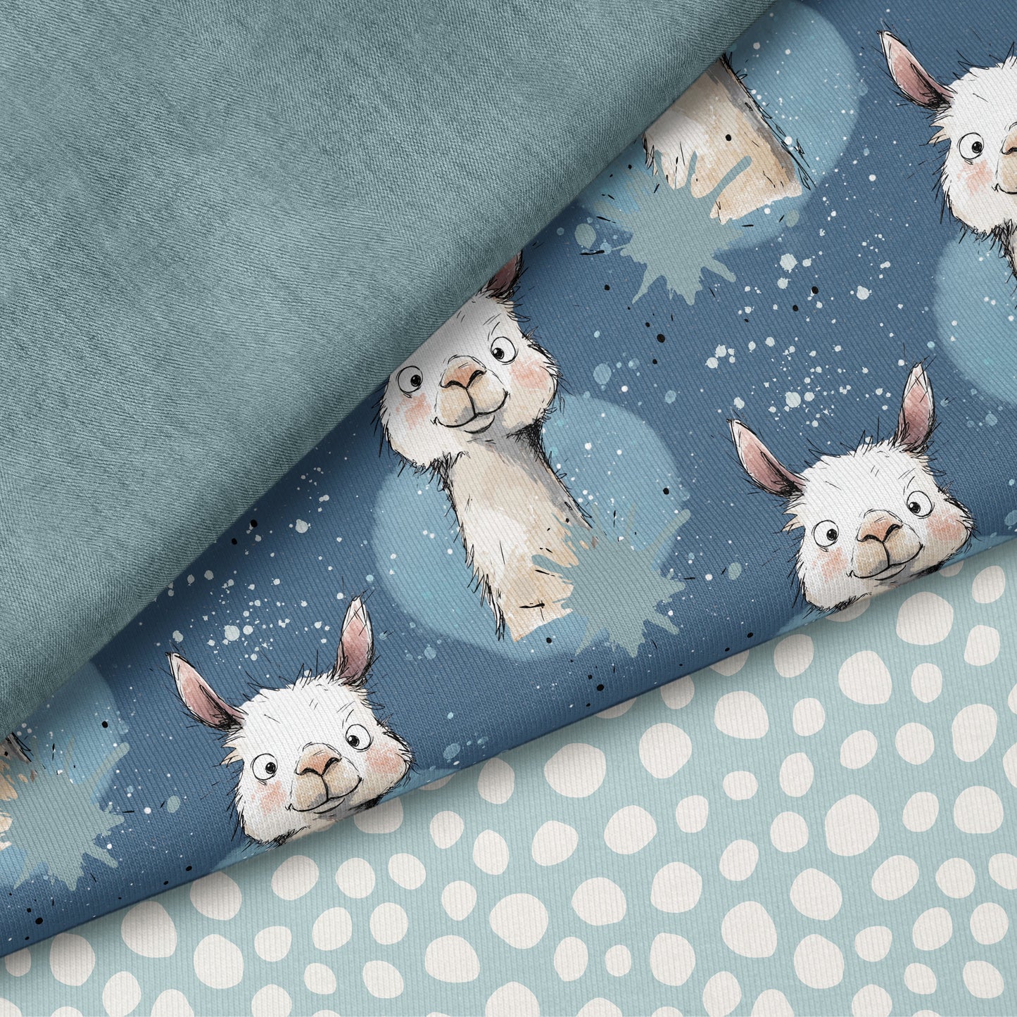 Lama Vibes Blau – moderner Kinderstoff mit Lama | verschiedene Stoffarten