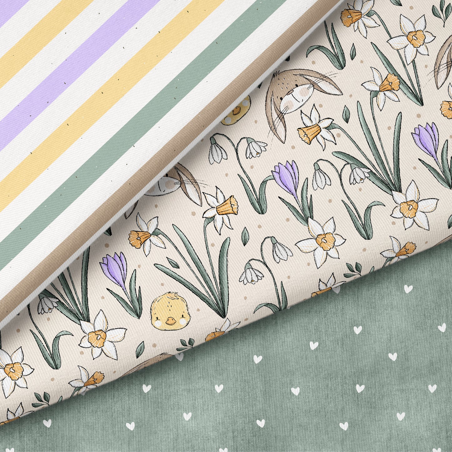 Frühlingszauber Beige – Kinderstoff mit Hasen & Blumen | verschiedene Stoffarten