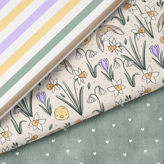 Frühlingszauber Beige – Kinderstoff mit Hasen & Blumen | verschiedene Stoffarten