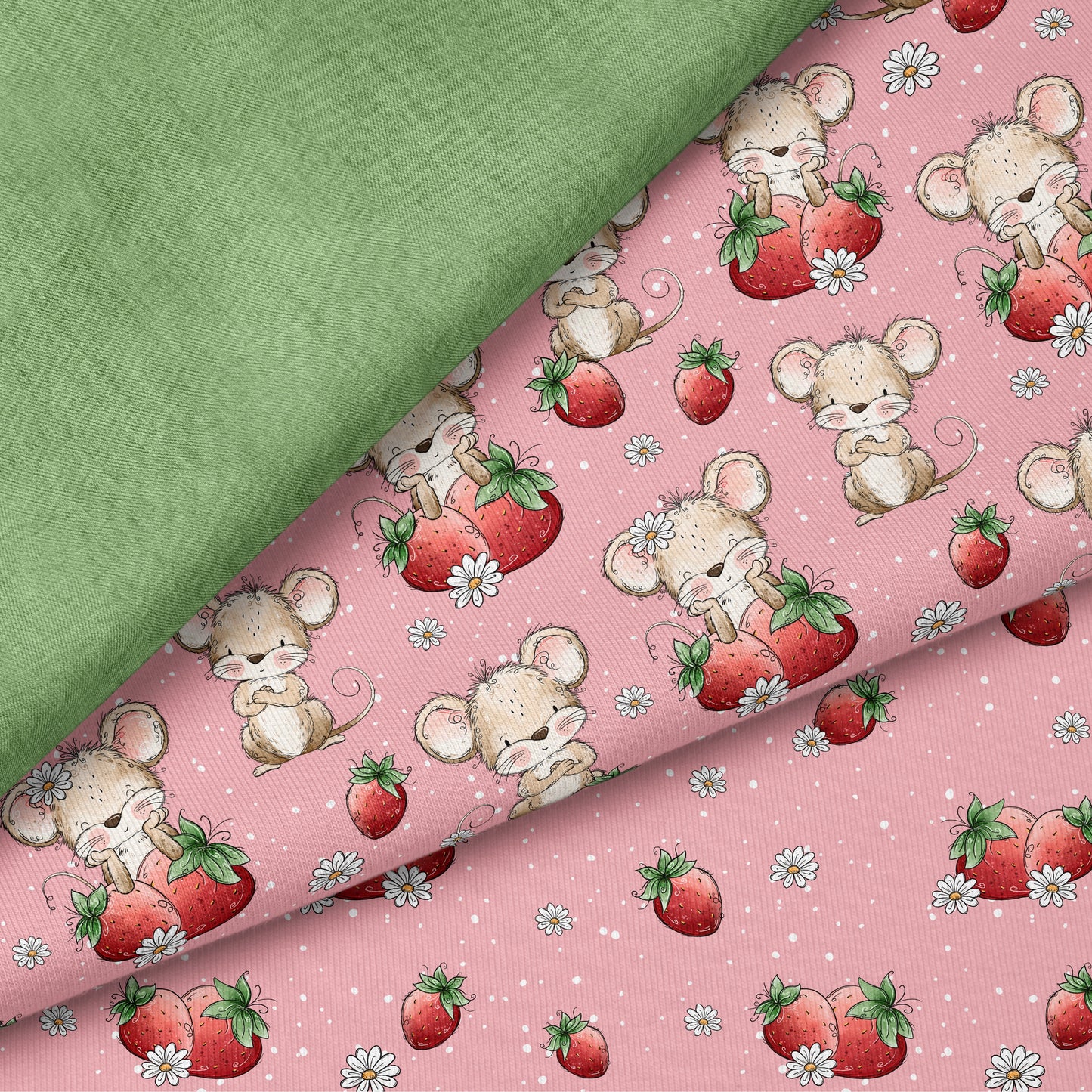 Erdbeermäuschen Rosa – Kinderstoff mit Mäusen | auf verschiedenen Stoffarten