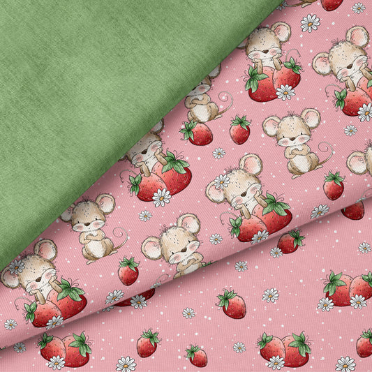Erdbeermäuschen Rosa – Kinderstoff mit Mäusen | auf verschiedenen Stoffarten