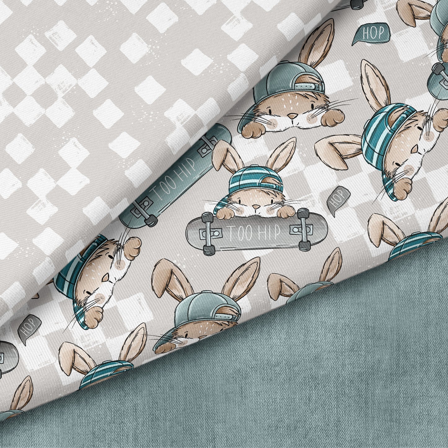 Skate Bunny Vibes Grau – Kinderstoff mit Hasen | verschiedene Stoffarten