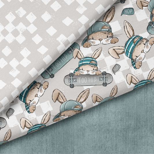 Skate Bunny Vibes Grau – Kinderstoff mit Hasen | verschiedene Stoffarten