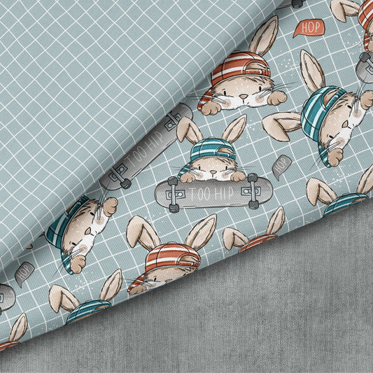 Skate Bunny Vibes Grid – Kinderstoff mit Hasen | verschiedene Stoffarten