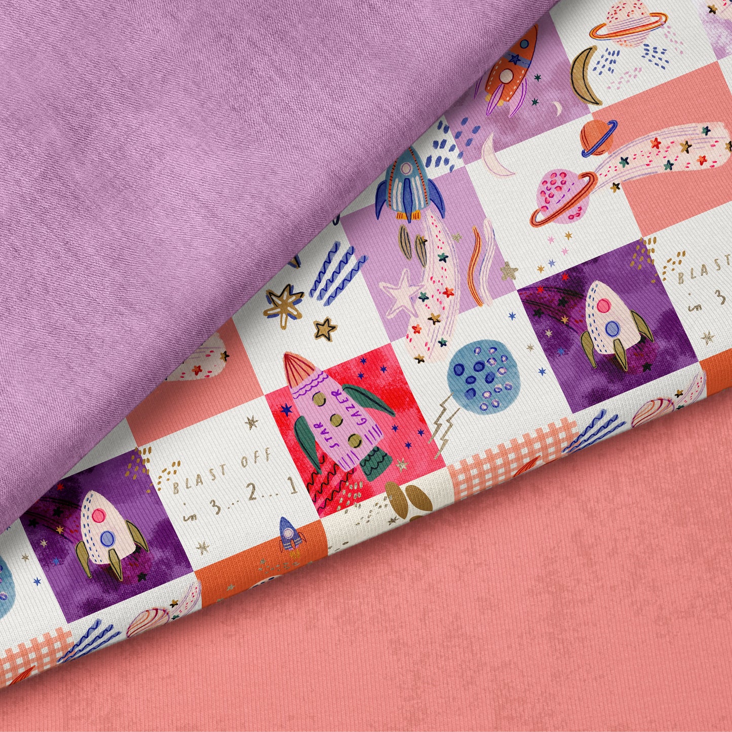 Cosmic Adventure Lila – Kinderstoff Weltall | verschiedene Stoffarten