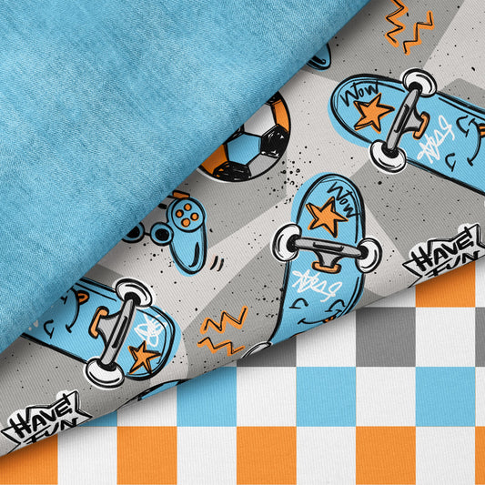 Fun Parts Hellgrau – cooler Kinderstoff mit Skateboard & Gaming | auf verschiedenen Stoffarten