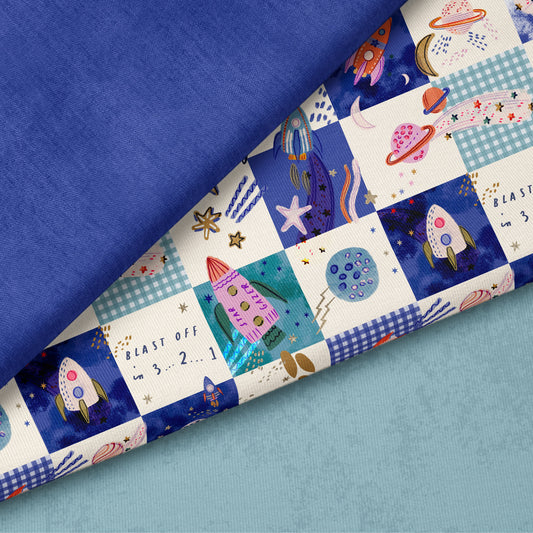 Cosmic Adventure Blau – Kinderstoff Weltall | verschiedene Stoffarten