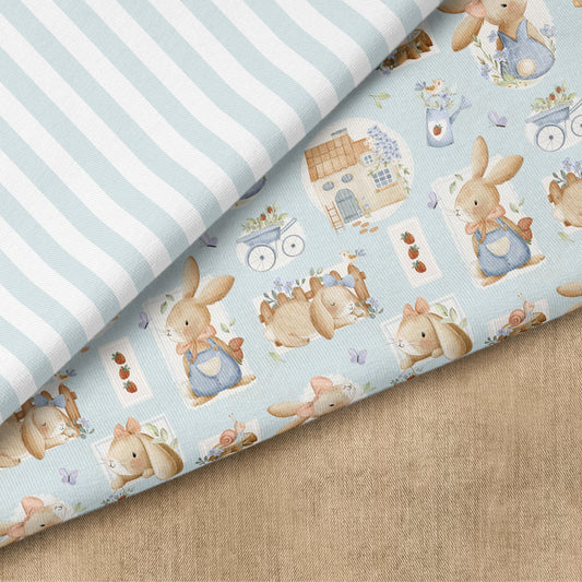 Bunny & Bloom Cottage Hellblau – Kinderstoff mit Häschen | verschiedene Stoffarten