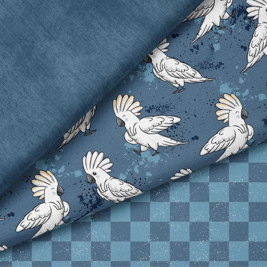 Cool Kakadu – moderner Vogelstoff in Blau | verschiedene Stoffarten