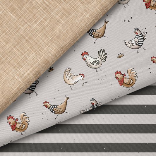 Hühner Tag Taupe – Bauernhof Kinderstoff | verschiedene Stoffarten