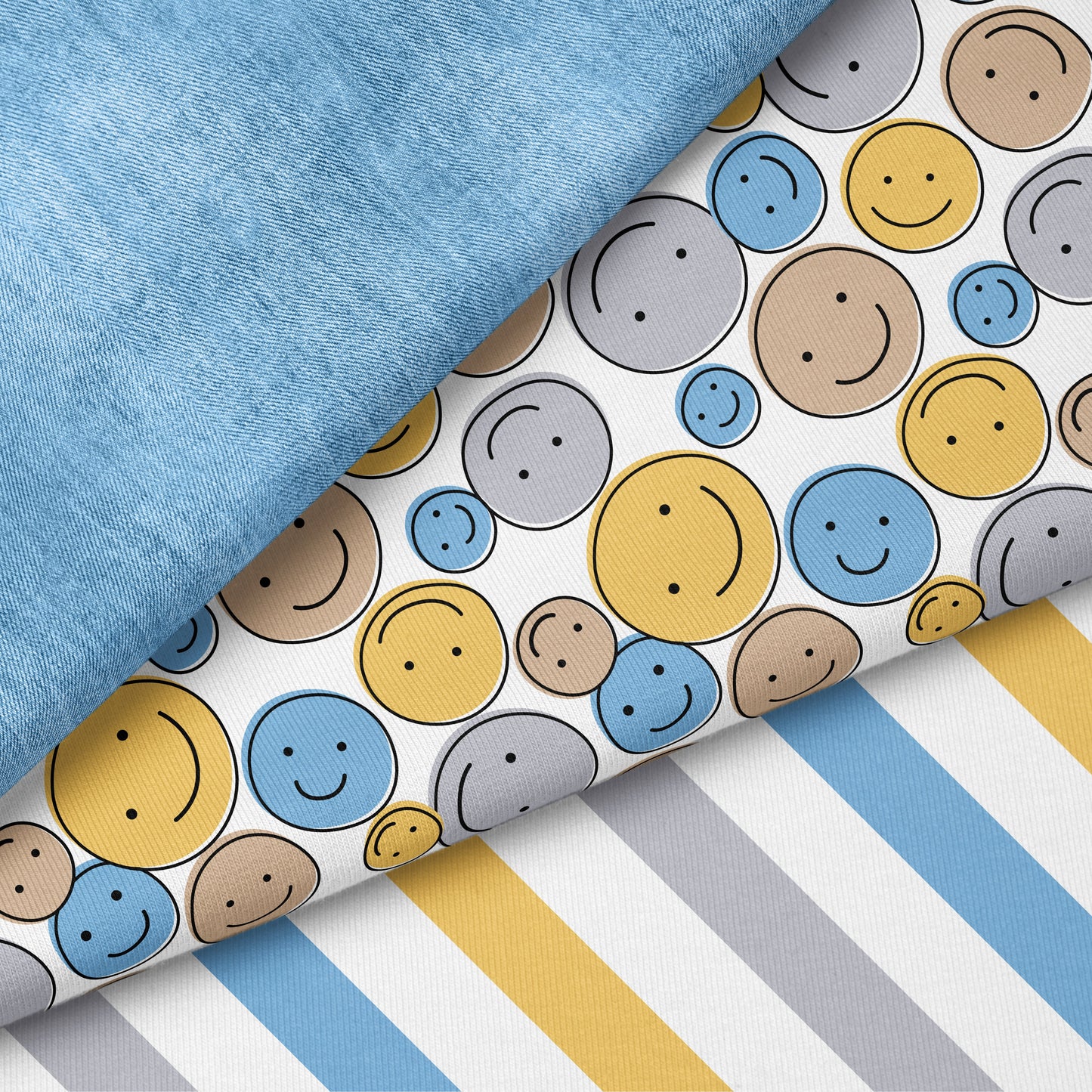 Smile Vibes Blau – moderner Smiley Stoff | auf verschiedenen Stoffarten